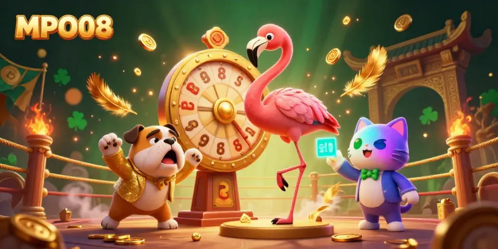 MPO08 engages players with an exciting 3D illustration of a game show scene featuring a flamingo host, bulldog contestant, and scoreboard cat assistant.