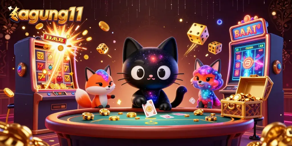 Join the excitement at agung11 with a cosmic-themed casino featuring a black hole cat and a nebula fox.