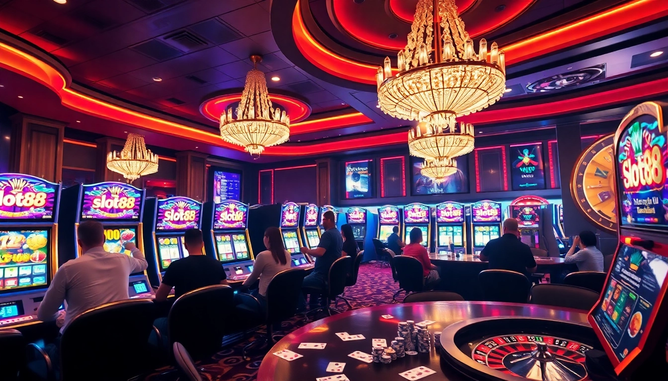 Experience thrilling gameplay at slot88 with vibrant machines and delighted players in a luxurious casino.