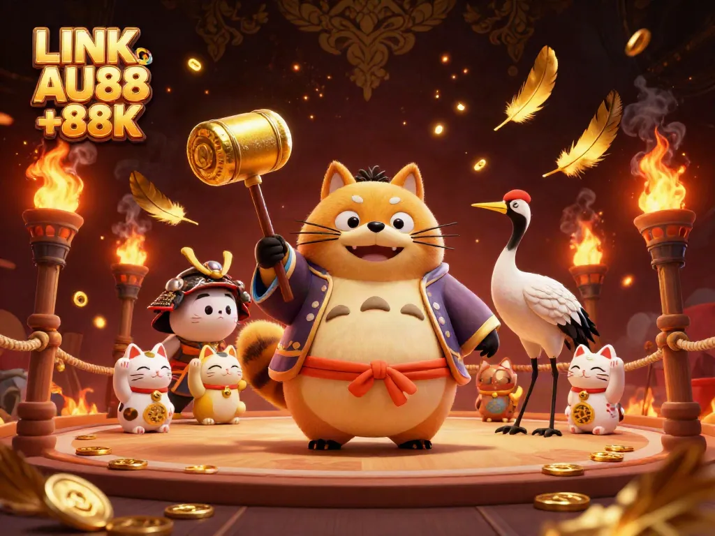 Experience the excitement of LINK VÀO AU88 +88K with a cheerful tanuki celebrating with fortune cats in a vibrant casino setting.
