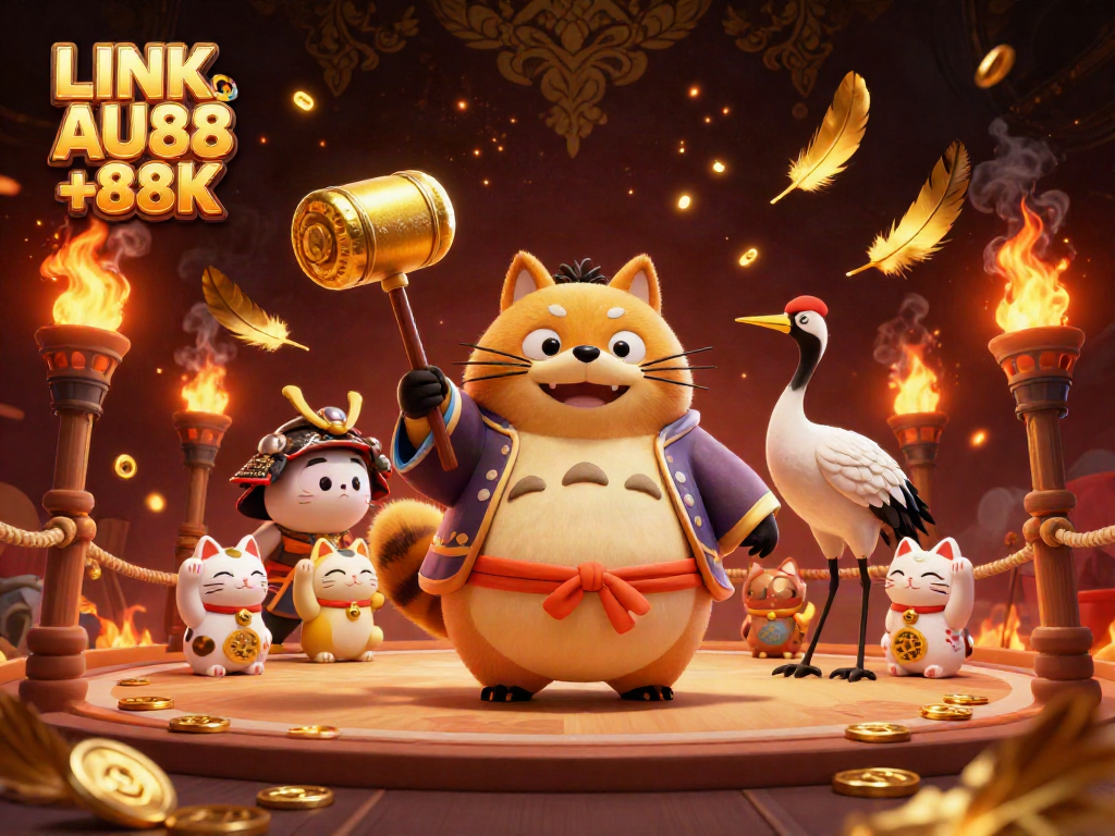 Experience the excitement of LINK VÀO AU88 +88K with a cheerful tanuki celebrating with fortune cats in a vibrant casino setting.
