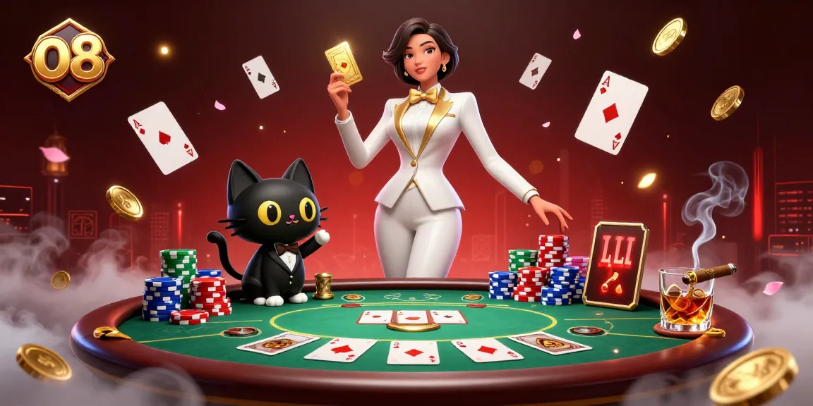 Experience exciting card shuffling at o8 casino with a glamorous dealer and a playful cat.
