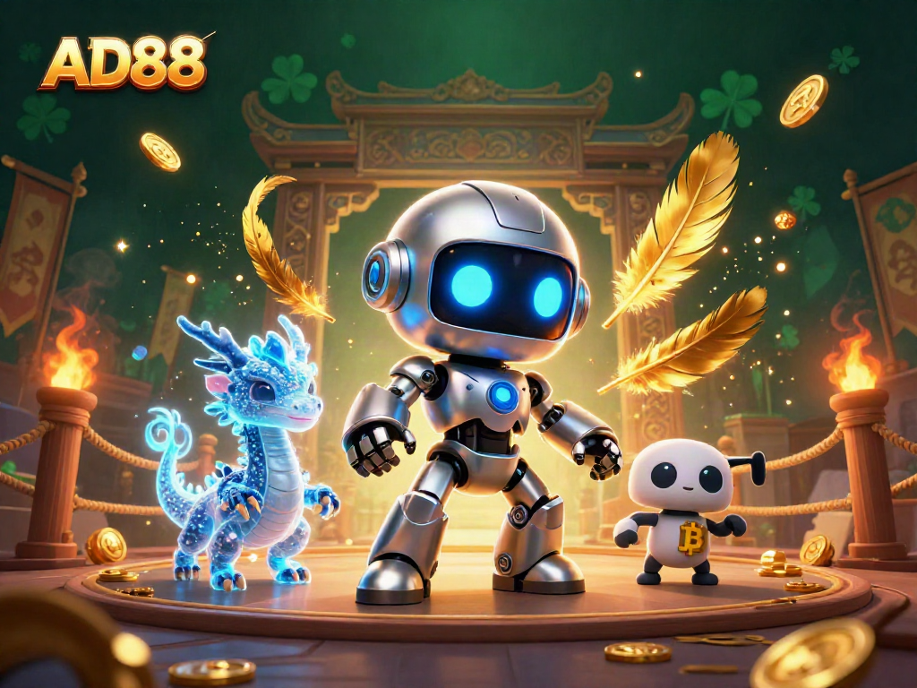 Engage with AD88's thrilling casino experience through a captivating 3D illustration featuring exciting characters.