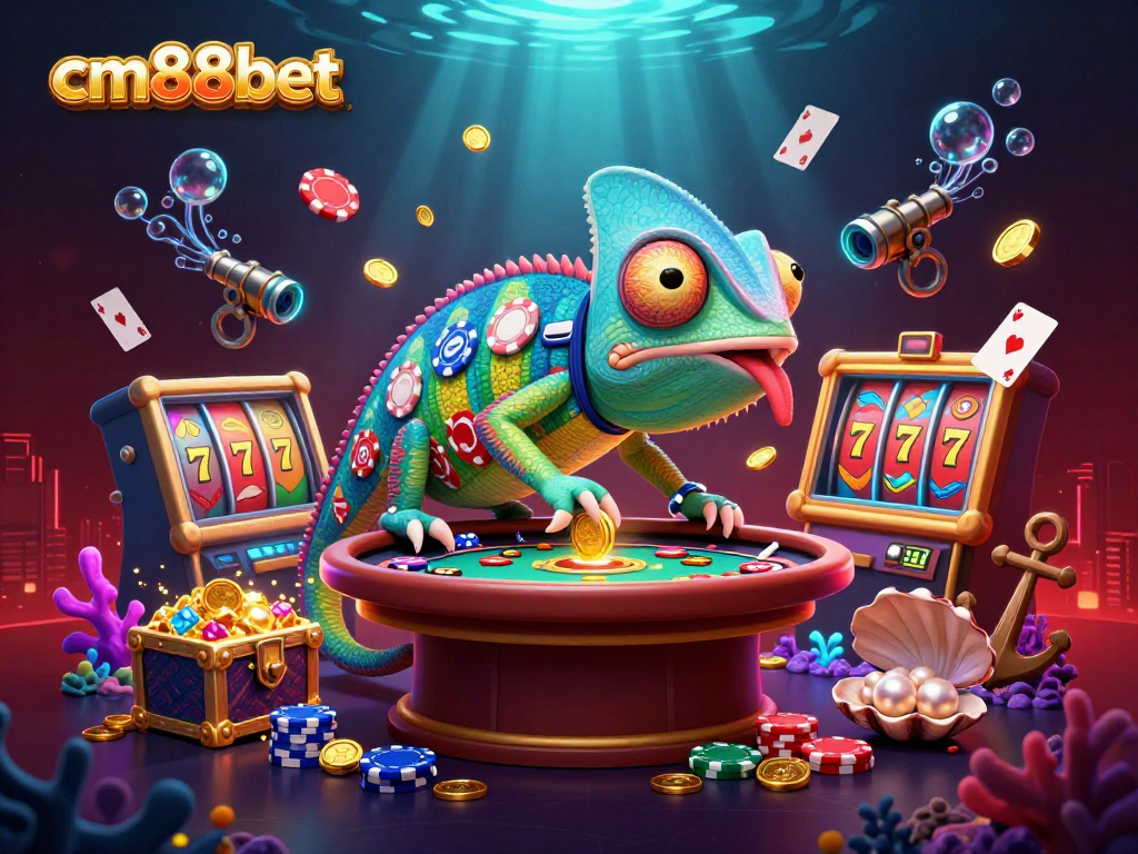 Experience dynamic gameplay at cm88bet, with a colorful chameleon casino owner amid exciting slot reels and treasures.