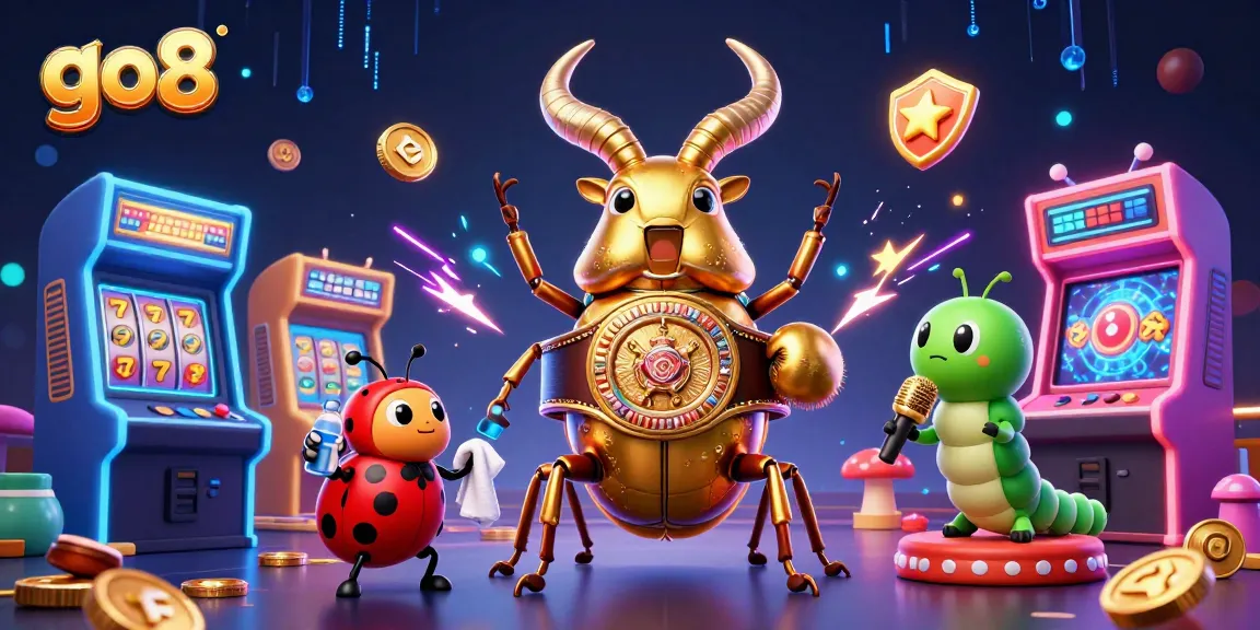 Play exciting casino games at go8 with a vibrant 3D illustration featuring a golden stag beetle and gaming elements.