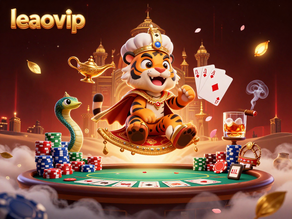 Experience the magic of leaovip through this dynamic illustration featuring a sultan and genie in a vibrant casino setting.