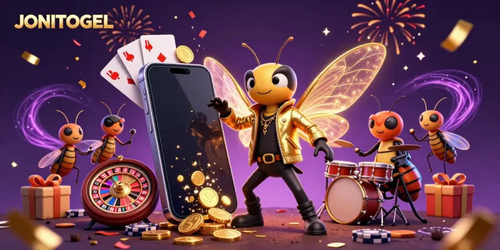 The dynamic scene with JONITOGEL featuring a cicada rock star amid casino games and vibrant energy effects.