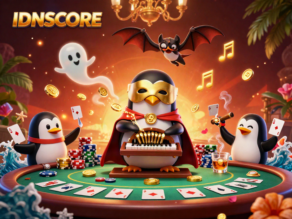 Experience IDNSCORE's thrilling atmosphere with a dynamic casino scene featuring a phantom penguin and vibrant poker elements.