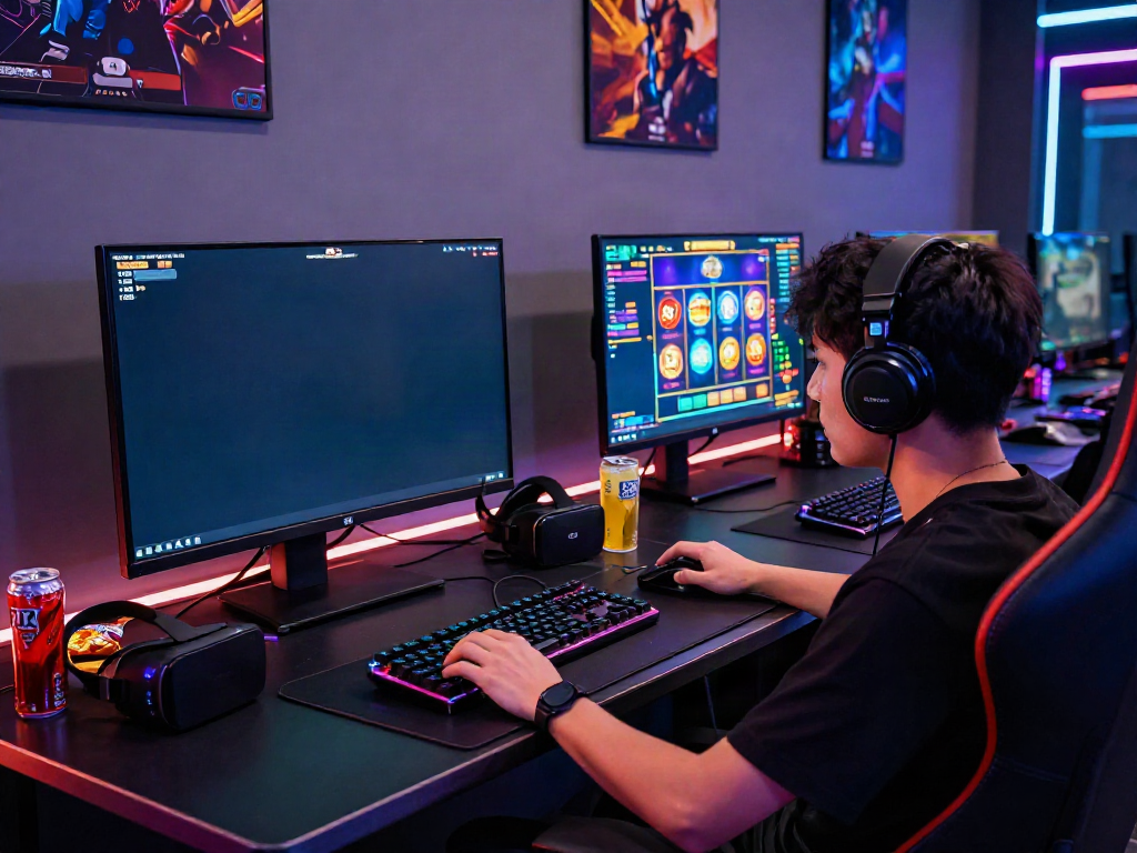 Permainan slot88 yang menarik dengan suasana gamer dan peralatan modern.