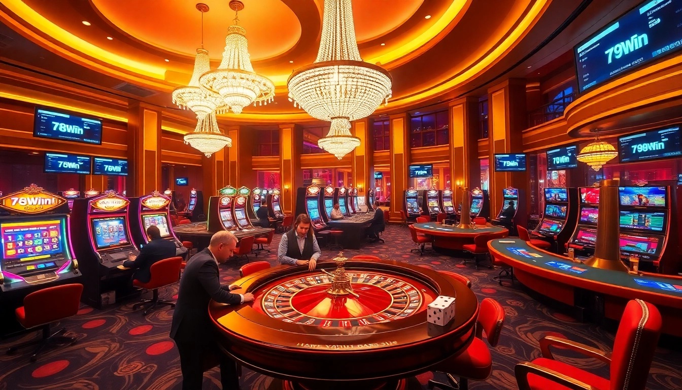 Experience the thrill of 78Win with players at dynamic casino tables surrounded by vibrant gaming elements.