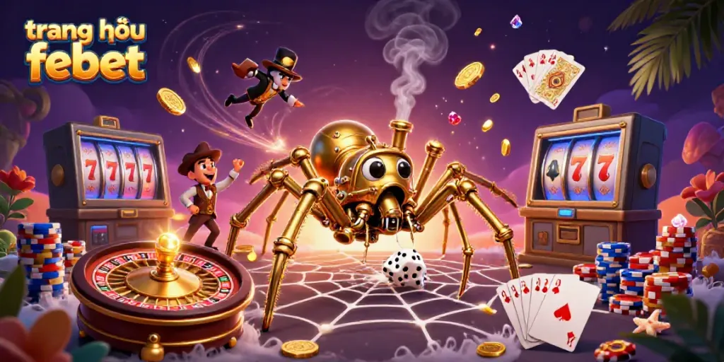 Experience luck with the stunning illustration of trang chủ febet featuring a playful steampunk spider and luxurious casino elements.