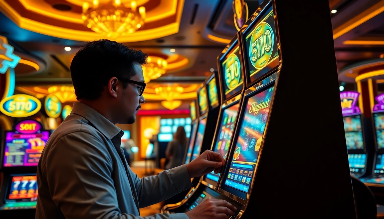 Pemain terlibat dalam slot mesin kasino dengan lampu neon cerah yang menarik.