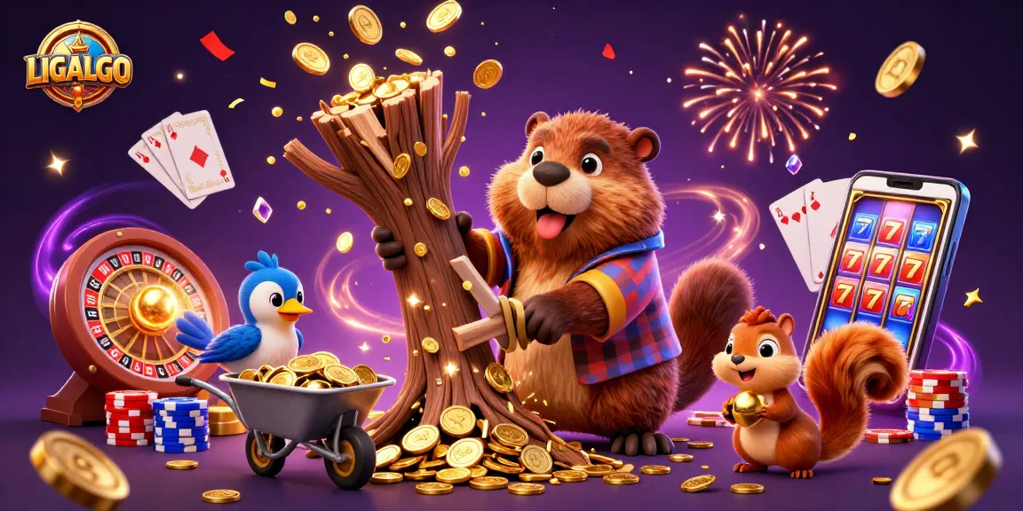 LIGALGO captures the excitement of online gaming, featuring a beaver-iconic scene brimming with coins and vibrant casino elements.