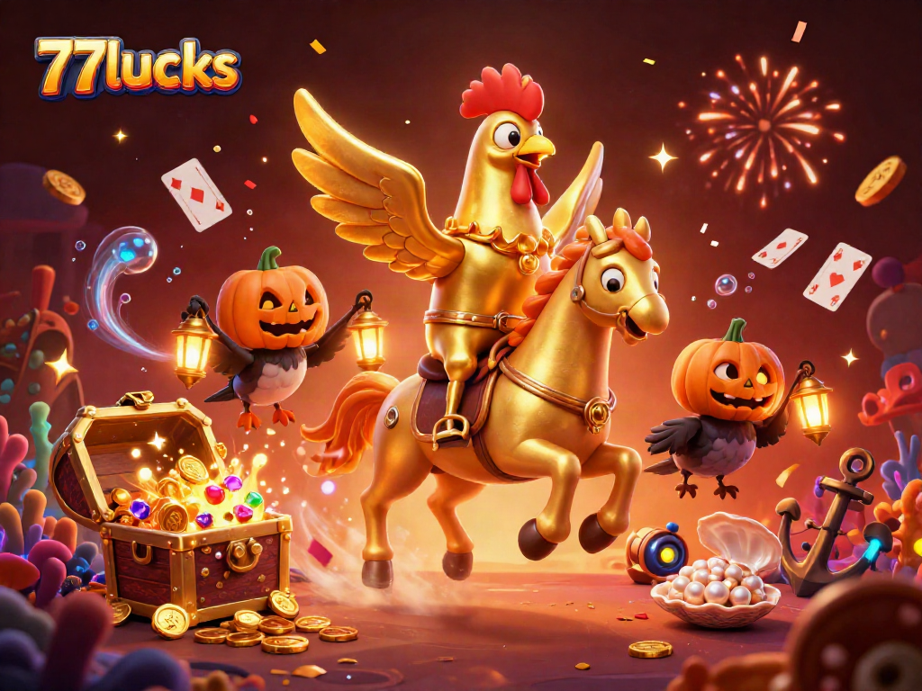 Saksikan 77lucks dengan kepala ayam emas menunggang kuda spectral di kasino malam yang megah