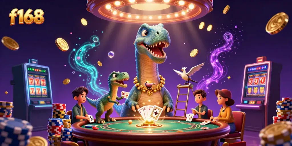 Experience a colorful casino scene with f168 featuring a towering brontosaurus and a clever raptor dealing cards.