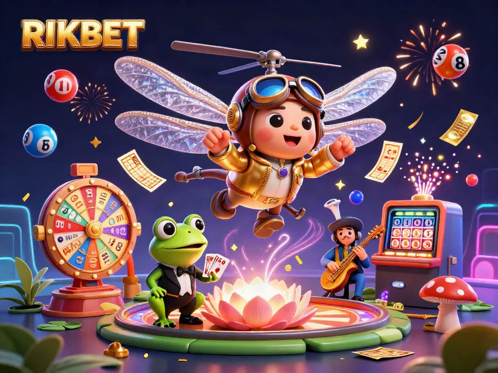 Experience thrilling gameplay at RIKBET with vibrant characters, lottery balls, and casino excitement.