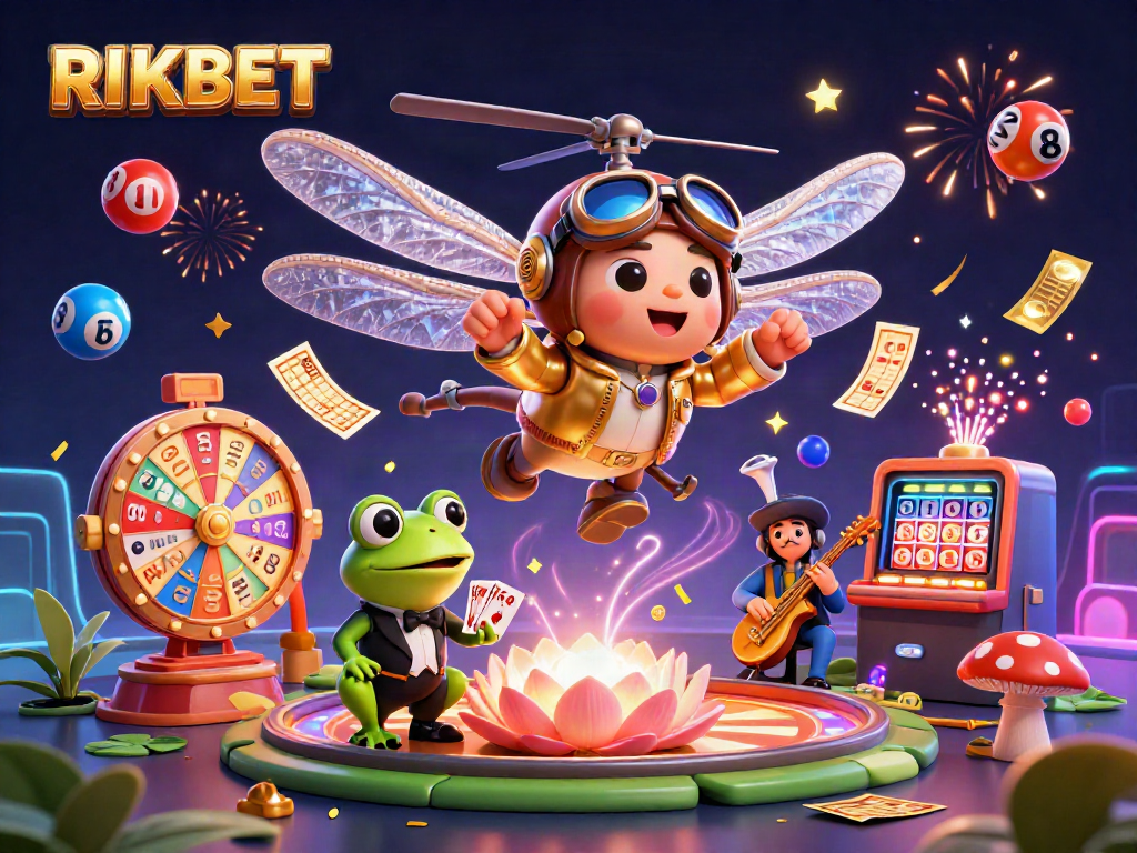Experience thrilling gameplay at RIKBET with vibrant characters, lottery balls, and casino excitement.