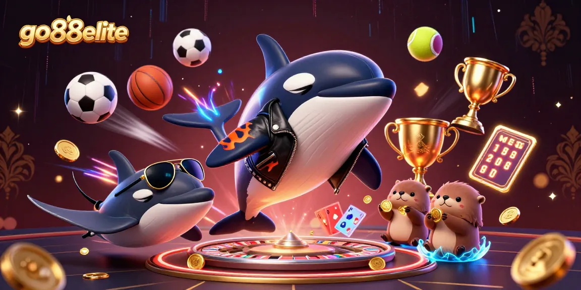 Go88elite showcases dynamic casino interaction, featuring characters with golden coins amidst high-energy gaming elements.