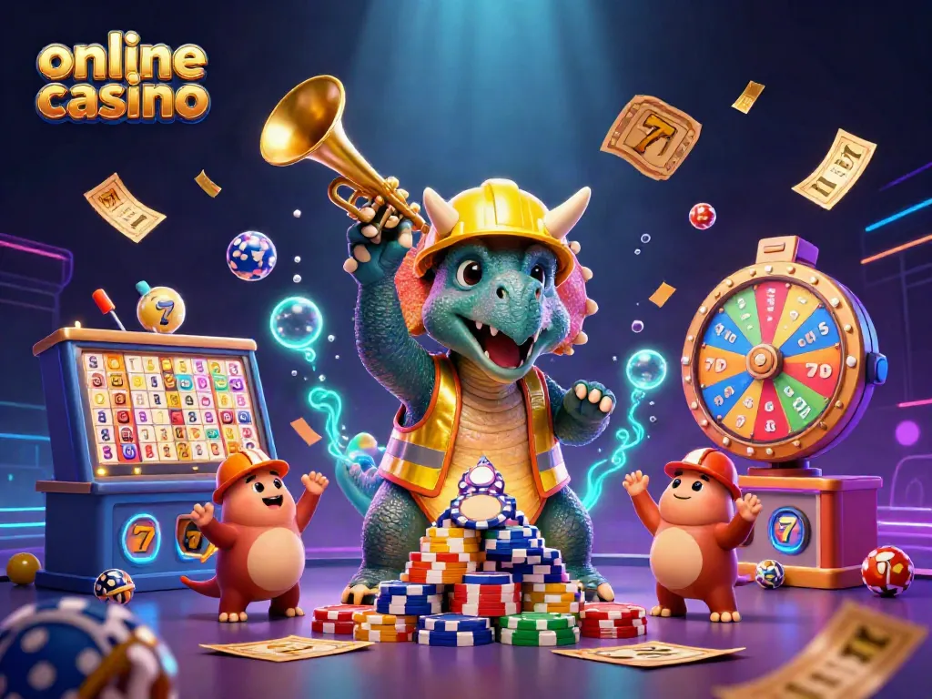 Cheerful scene showing a triceratops and friends celebrating in an online casino filled with games and prizes.