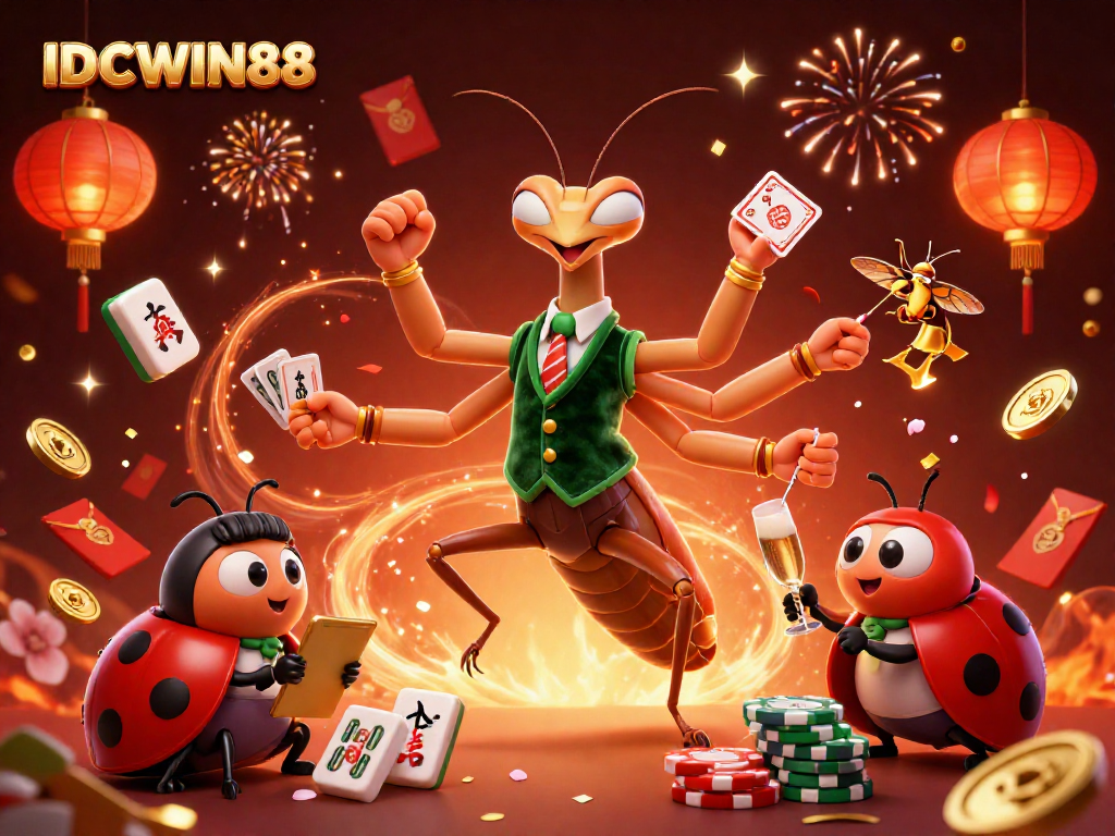 Engage with IDCWIN88 through a vibrant 3D casino scene featuring a giant mantis and a ladybug pit boss.
