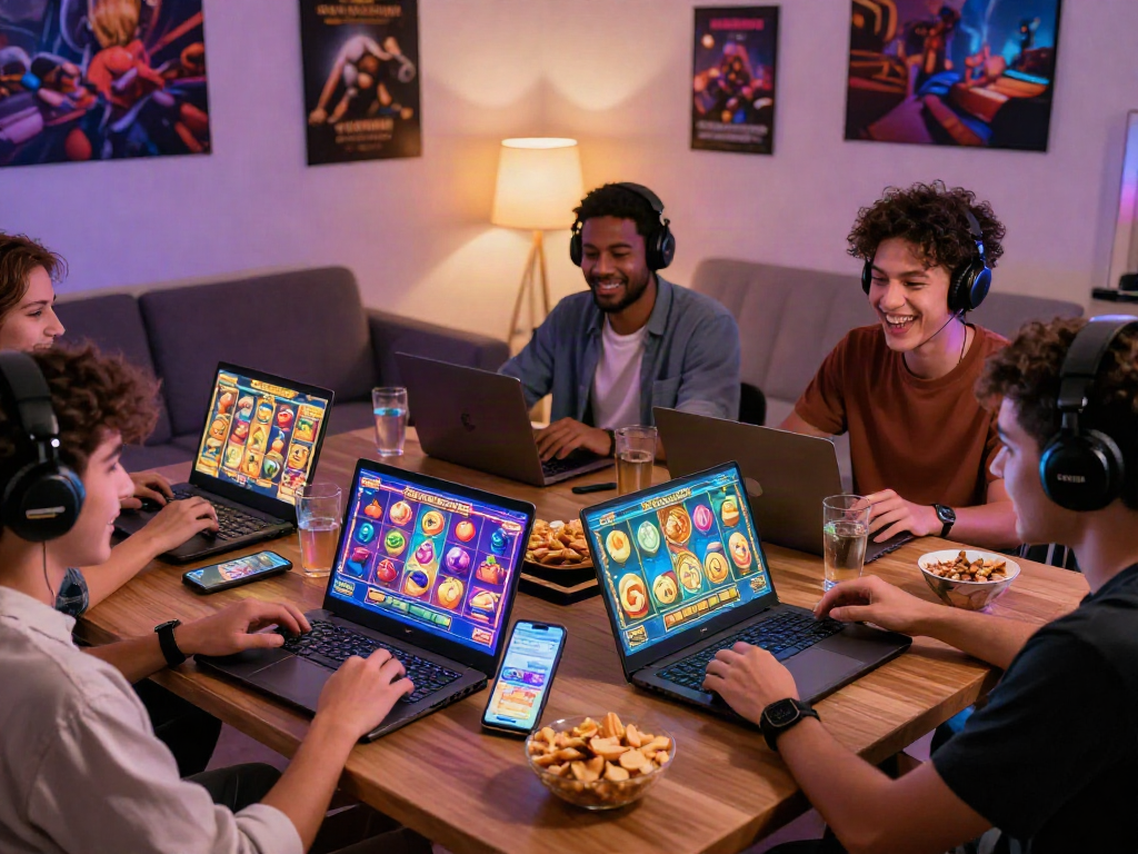 Teman-teman asyik bermain situs slot dengan laptop dan ponsel di meja, suasana hangat penuh kegembiraan.