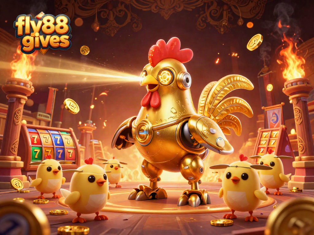 Experience epic wins and excitement with fly88 gives in a dynamic casino scene featuring golden rooster robots.