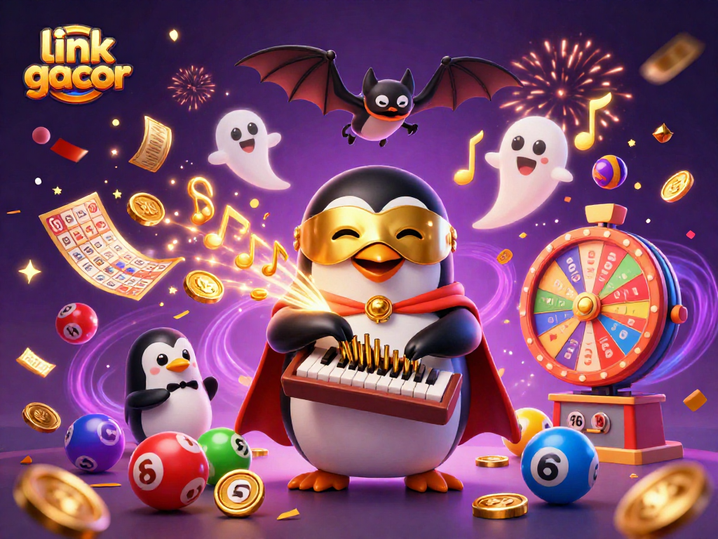 Experience wins with link gacor as a penguin plays a golden organ amidst vibrant casino elements.