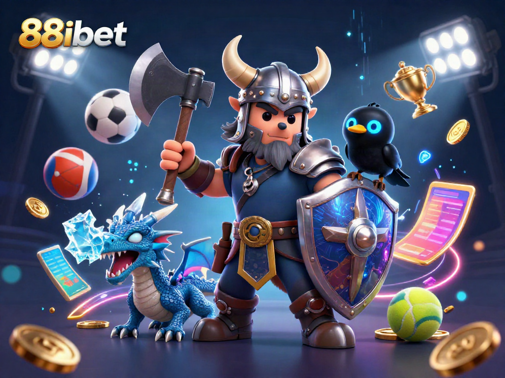 88ibet showcases a Viking wolf warrior and dragon in an energetic sports-themed digital artwork.