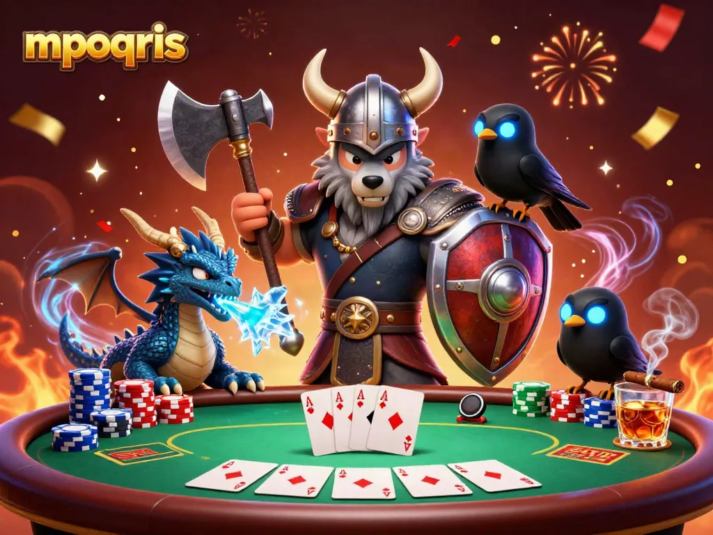 Ilustrasi 3D mpoqris menampilkan pejuang serigala Viking dan naga, mendemonstrasikan keberanian di dunia kasino.