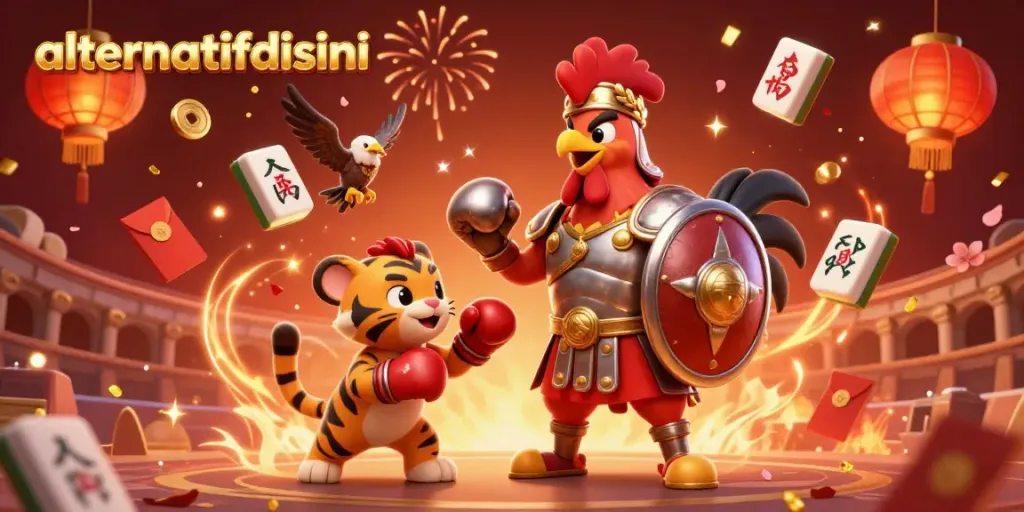 Experience the thrill of gaming at alternatifdisini with dynamic 3D characters amidst festive elements.