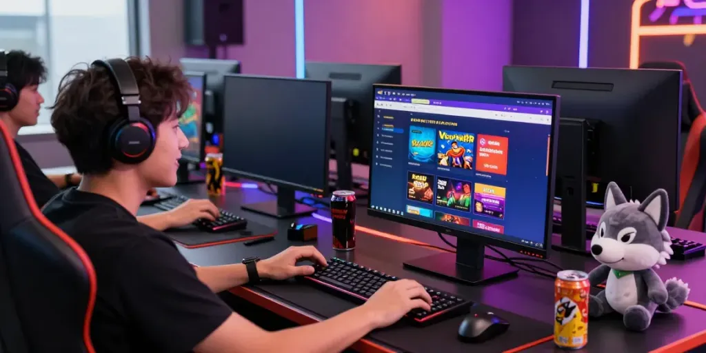 Engaging scene of a gamer exploring the Wolfbet Promotions Page with gaming paraphernalia and a vibrant atmosphere.