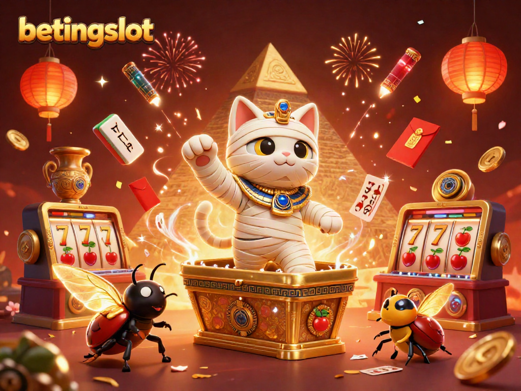 Ilustrasi kasino 3D betingslot dengan karakter mumi Mesir dan elemen slot yang berkilau.