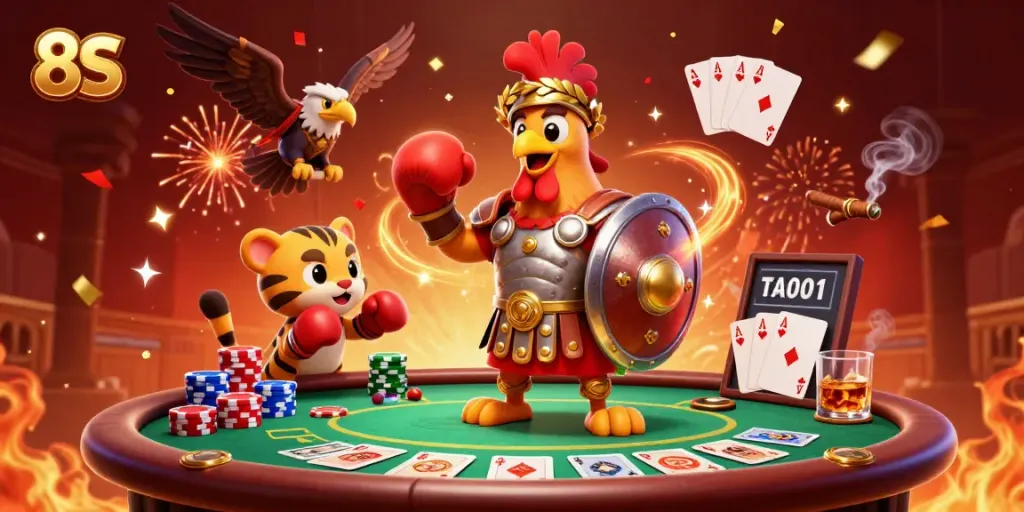 Experience the thrill of 8S as a cartoon gladiator rooster interacts with a tiger cub and eagle in an engaging casino scene.
