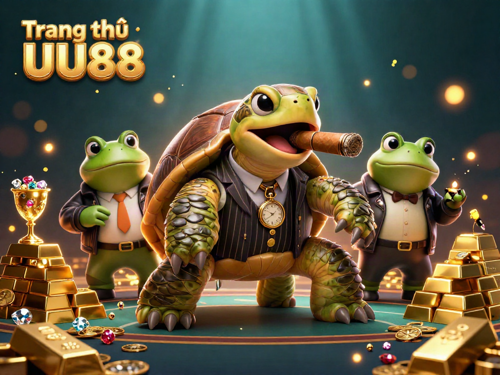 Experience the vibrant world of Trang chủ UU88 with a cartoon turtle in a mobster suit surrounded by sparkling casino elements.