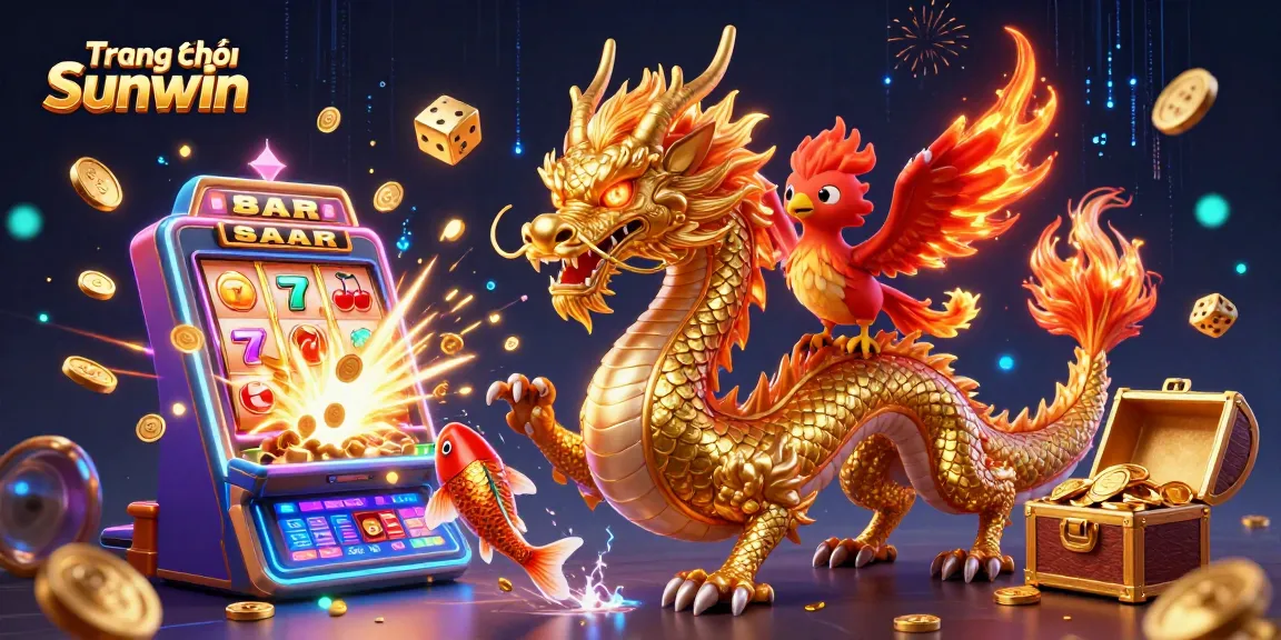 Play exciting games on Trang chủ Sunwin, featuring a fierce dragon, phoenix, and koi fish amidst casino elements.