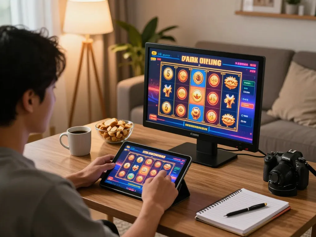 Engaging player enjoying slot thailand online gaming in a cozy home environment with tablet