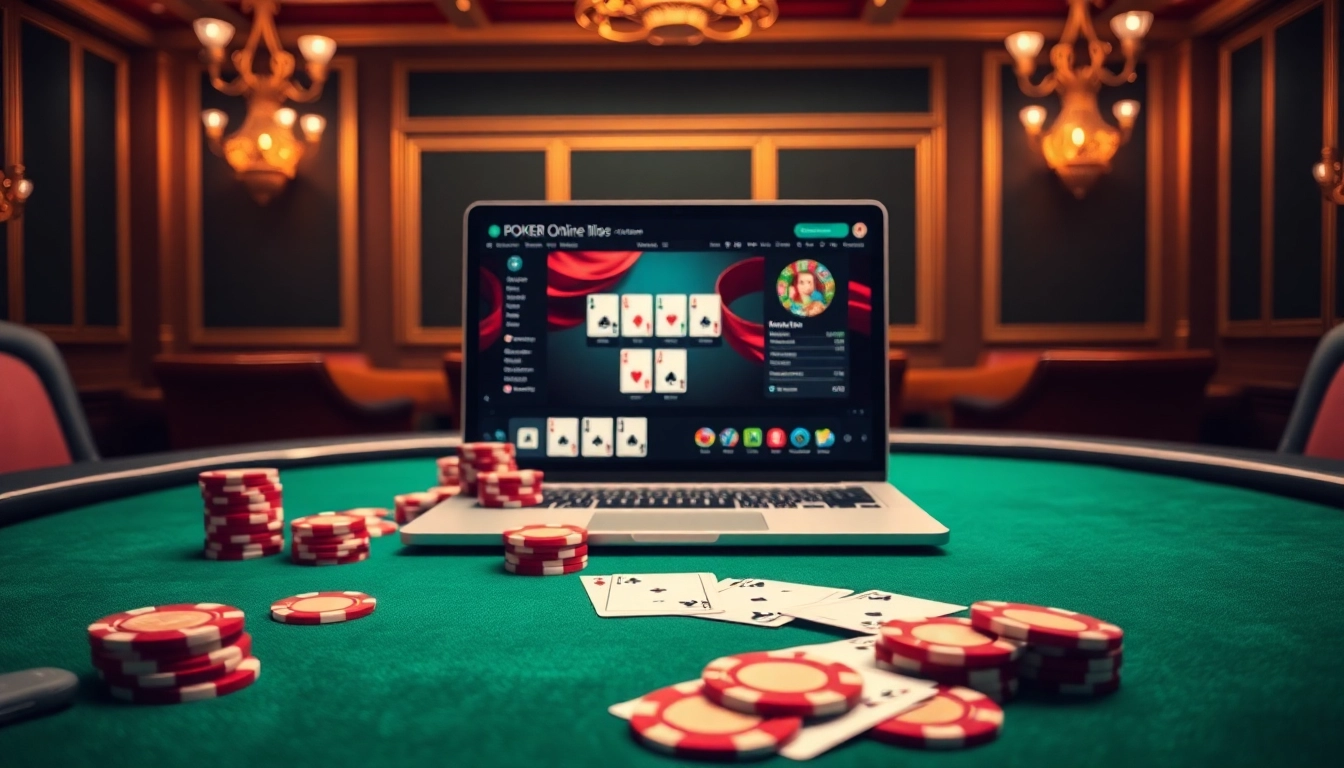 Engaging poker online game setup showcasing vibrant poker chips and cards on a table.