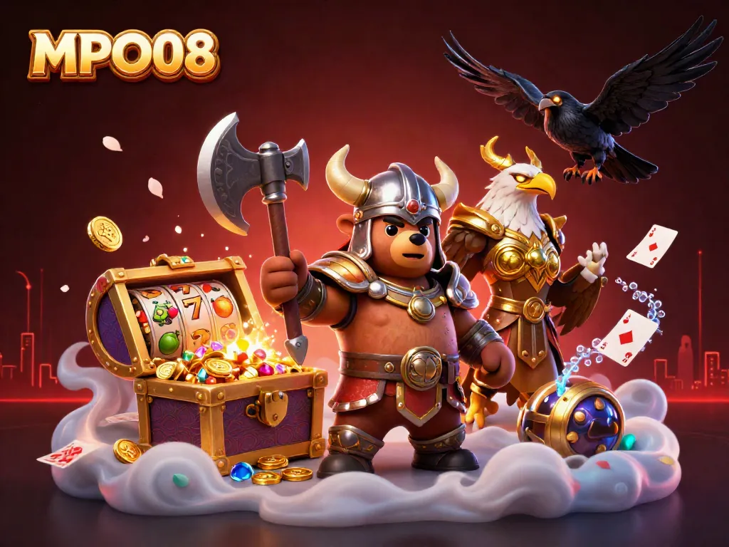 Experience the thrill of MPO08 with a vibrant casino-themed illustration full of dynamic elements.