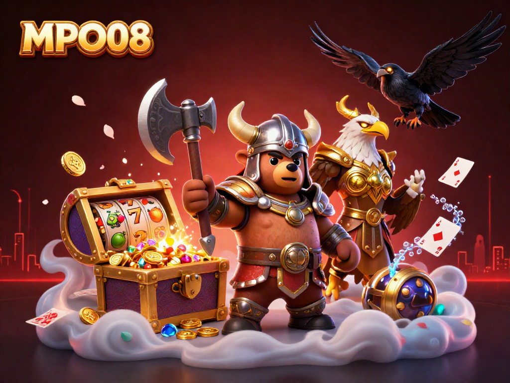 Experience the thrill of MPO08 with a vibrant casino-themed illustration full of dynamic elements.