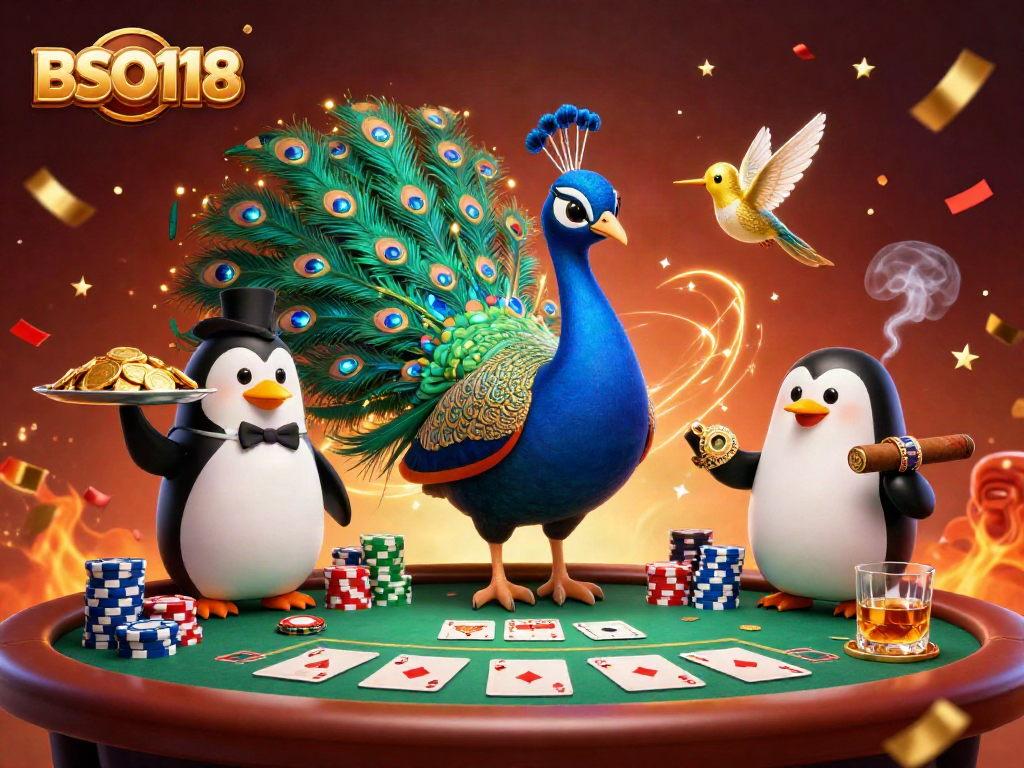 Experience thrilling poker action with BSO118's vibrant casino scene featuring unique characters.