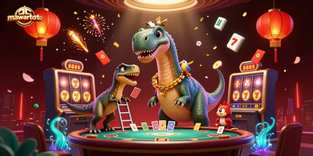 Mawartoto showcases a vibrant 3D scene with a brontosaurus and raptor engaging in a lucky slots game.