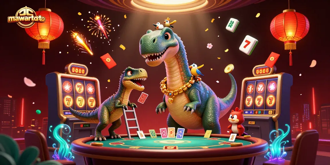Mawartoto showcases a vibrant 3D scene with a brontosaurus and raptor engaging in a lucky slots game.