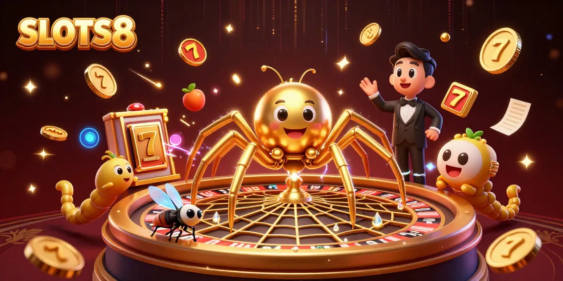 Experience thrilling gameplay at SLOTS8 with a dynamic scene featuring a golden spider and energetic casino elements.