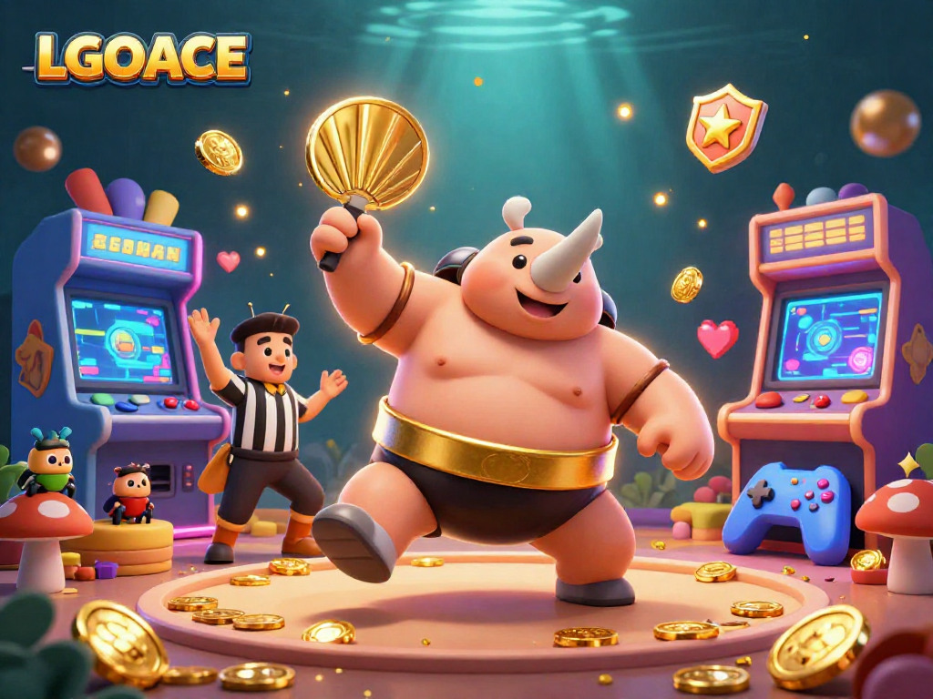 LGOACE showcases a vibrant 3D casino scene with beetle champions and arcade elements.