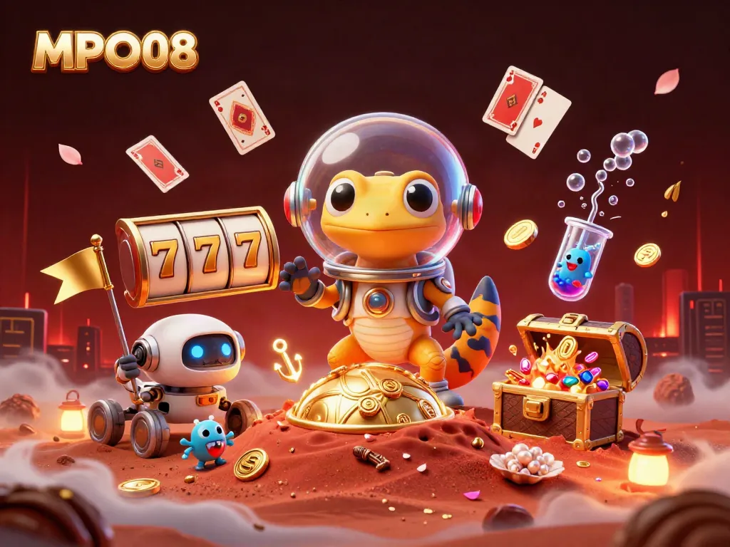 MPO08 showcases a cartoon Martian gecko at a golden casino amid colorful slot reels, lively playing cards, and vibrant atmosphere.