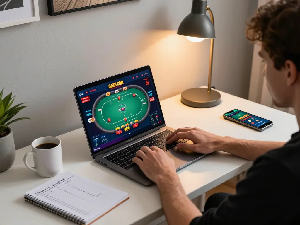 Engaging online poker session on GG88.COM showcasing a player's strategy notes and cozy home environment.