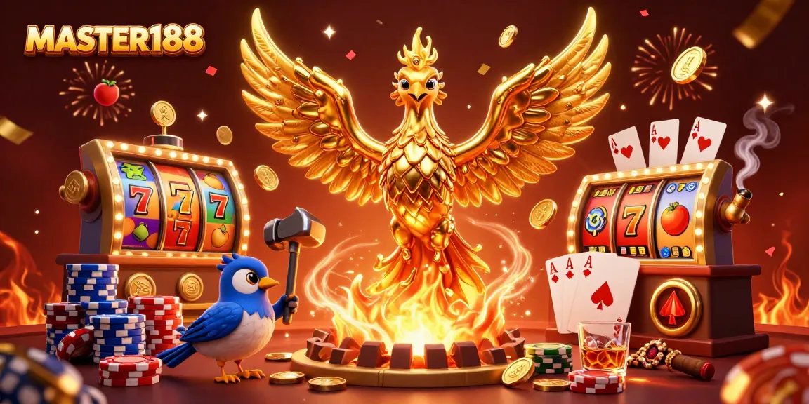 Engage with MASTER188's golden phoenix illustration showcasing vibrant slots and poker elements.