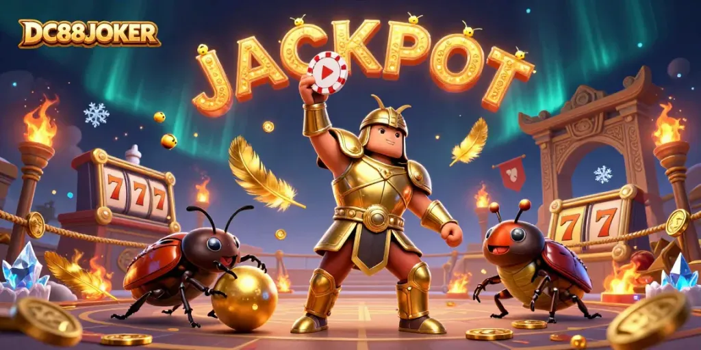 DC88JOKER illustrates a victorious beetle in armor lifting a poker chip surrounded by vibrant casino elements.