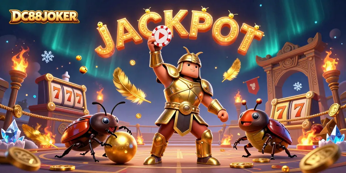 DC88JOKER illustrates a victorious beetle in armor lifting a poker chip surrounded by vibrant casino elements.