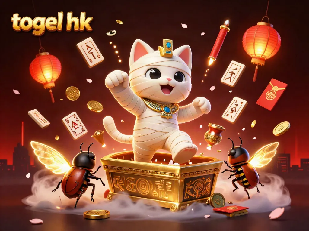 Menggandakan keseruan togel hk dengan ilustrasi 3D kucing mummy Mesir, komponen kasino, dan simbol keberuntungan.